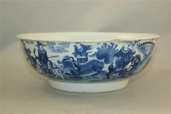 A Chinese blue and white European subject bowl, late 18th / early 19th century, 27cm, damage